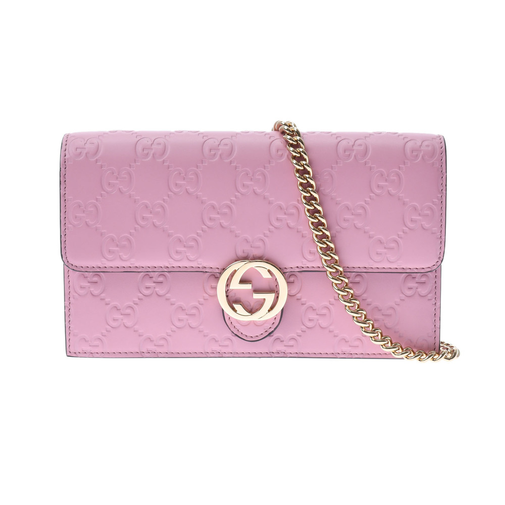 Gucci Interlocking G Chain Shoulder Bag Guccisima Pink Gold Hardware Leather